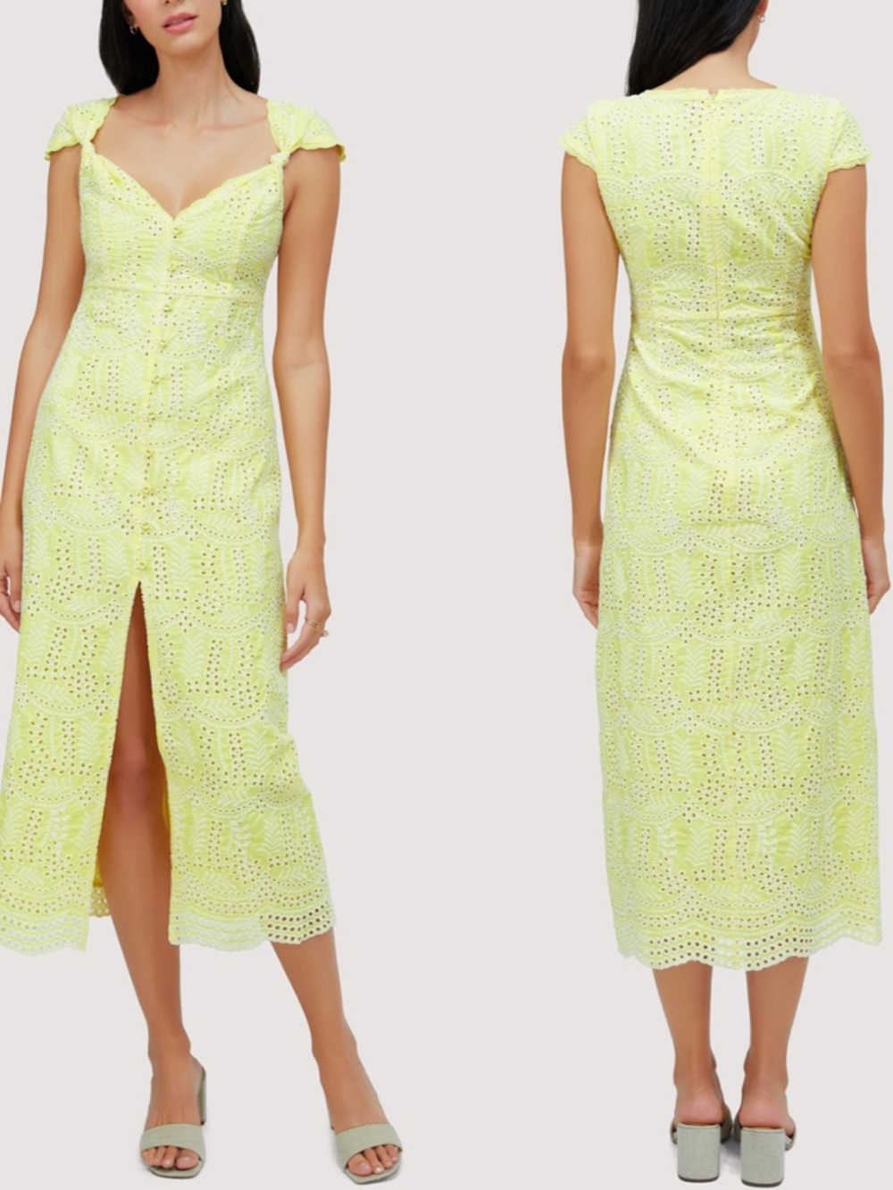 NEW Lost + Wander YELLOW & White EMBROIDERED Eyelet LEMON DROP Slit MIDI DRESS L